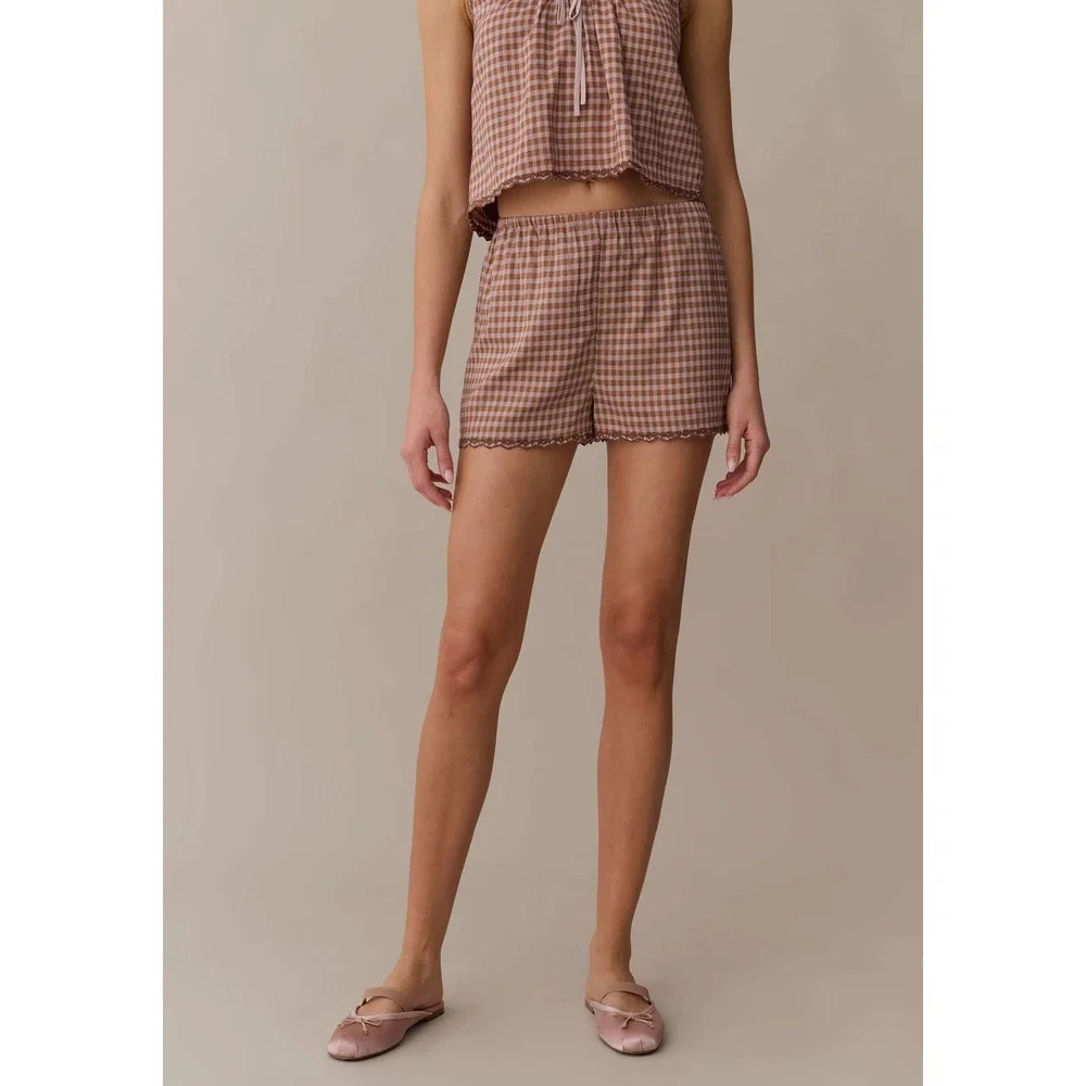 NWT Kourt Lila Embroidered Trim Short in Brown Gingham - Size Medium